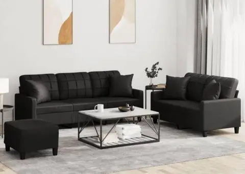 Set de canapele cu perne, 3 piese, negru, piele ecologică - 1/5