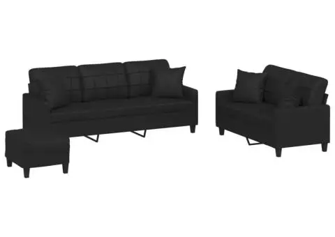 Set de canapele cu perne, 3 piese, negru, piele ecologică - 2/5