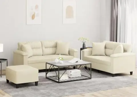 Set de canapele cu perne, 3 piese, crem, piele ecologică - 1/5