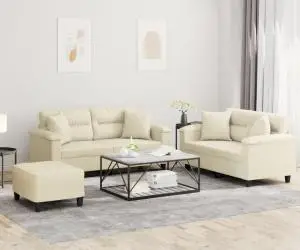 vidaXL Set de canapele cu perne, 3 piese, crem, piele ecologică