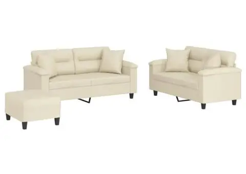 Set de canapele cu perne, 3 piese, crem, piele ecologică - 2/5