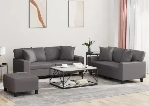 Set de canapele cu perne, 3 piese, gri, piele ecologică - 1/5