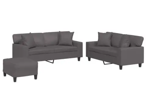 Set de canapele cu perne, 3 piese, gri, piele ecologică - 2/5