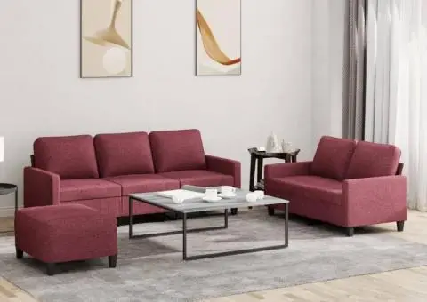 Set canapea cu perne, 3 piese, roșu vin, material textil - 1/5