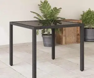 vidaXL Masă grădină cu blat din sticlă, negru, 90x90x75 cm, poliratan
