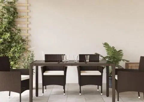 Masă de grădină cu blat din sticlă maro 150x90x75 cm, poliratan - 3/5