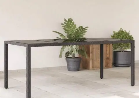 Masă grădină cu blat din sticlă, negru, 190x90x75 cm, poliratan - 1/5