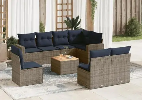 Set canapele de grădină, 9 piese, cu perne, gri, poliratan - 1/3