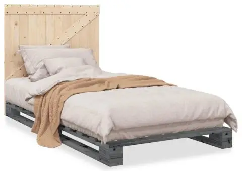 Cadru de pat cu tăblie, gri, 100x200 cm, lemn masiv de pin - 2/5