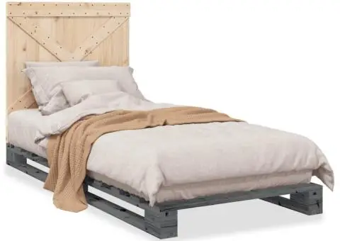 Cadru de pat cu tăblie, gri, 90x200 cm, lemn masiv de pin - 2/5