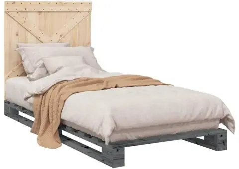 Cadru de pat cu tăblie, gri, 90x200 cm, lemn masiv de pin - 4/5