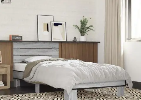 Cadru de pat, gri sonoma, 100x200 cm, lemn prelucrat și metal - 1/5