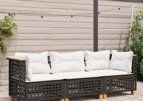 Canapea de grădină cu perne, 3 locuri, negru, poliratan - 3/5