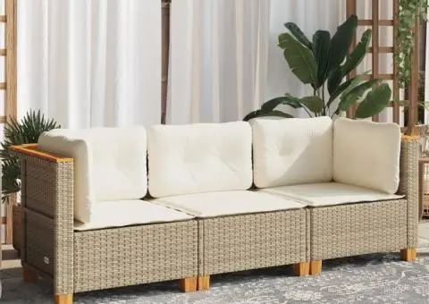 Canapea de grădină cu perne, 3 locuri, bej, poliratan - 3/5