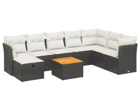 Set mobilier de grădină cu perne, 9 piese, negru, poliratan - 2/4
