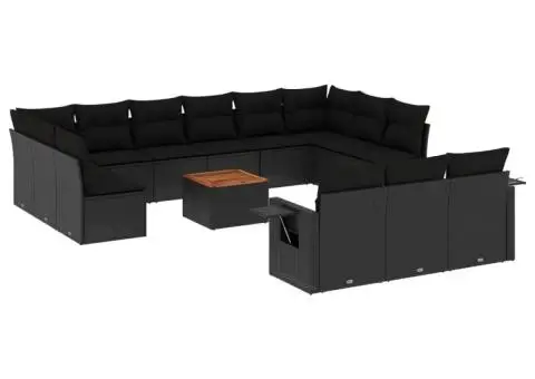 Set mobilier de grădină cu perne, 14 piese, negru, poliratan - 2/3