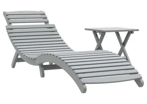 Șezlong cu masă, gri, lemn masiv de acacia - 2/5