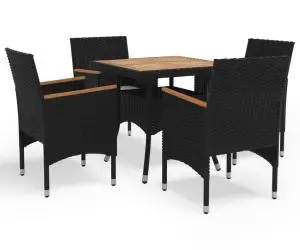 vidaXL Set mobilier grădină, 5 piese, negru, poliratan și lemn masiv.