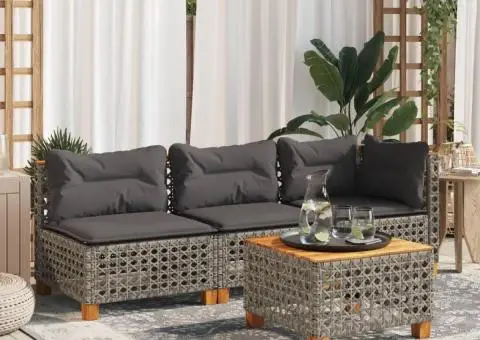 Canapea de grădină fără cotiere, cu perne, gri, poliratan - 3/5