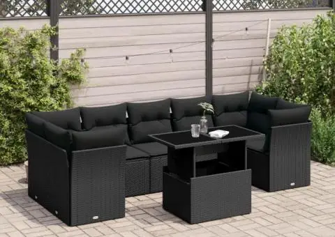 Set mobilier de grădină cu perne, 8 piese, negru, poliratan - 1/5