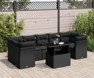 vidaXL Set mobilier de grădină cu perne, 8 piese, negru, poliratan
