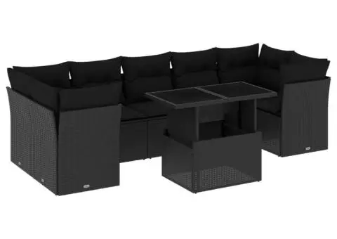 Set mobilier de grădină cu perne, 8 piese, negru, poliratan - 2/5