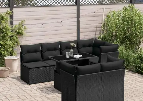 Set mobilier de grădină cu perne, 8 piese, negru, poliratan - 1/5