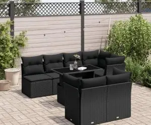 vidaXL Set mobilier de grădină cu perne, 8 piese, negru, poliratan