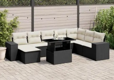 Set mobilier de grădină cu perne, 9 piese, negru, poliratan - 1/5