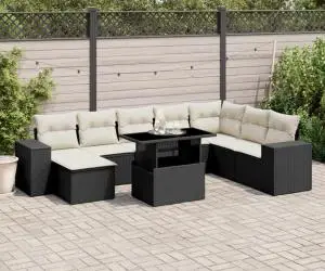 vidaXL Set mobilier de grădină cu perne, 9 piese, negru, poliratan