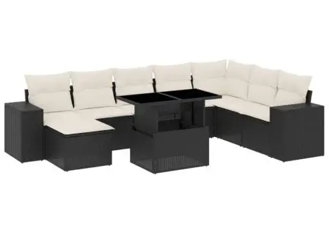 Set mobilier de grădină cu perne, 9 piese, negru, poliratan - 2/5