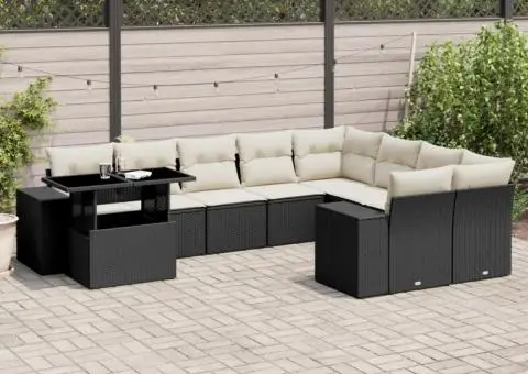 Set canapele de grădină cu perne, 10 piese, negru, poliratan - 1/5