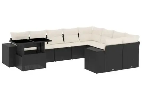 Set canapele de grădină cu perne, 10 piese, negru, poliratan - 2/5