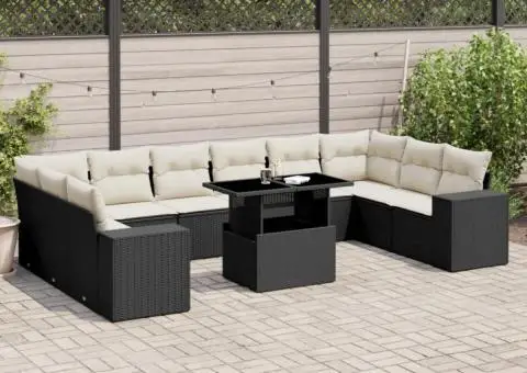 Set canapele de grădină cu perne, 11 piese, negru, poliratan - 1/5