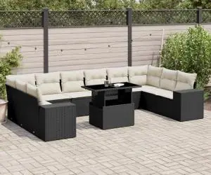 vidaXL Set canapele de grădină cu perne, 11 piese, negru, poliratan