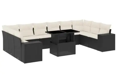 Set canapele de grădină cu perne, 11 piese, negru, poliratan - 2/5