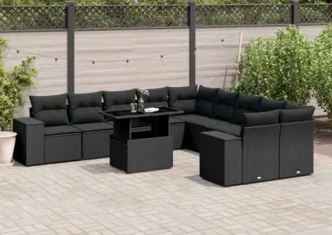 Set canapele de grădină cu perne, 11 piese, negru, poliratan - 1/5