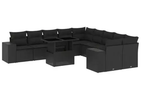 Set canapele de grădină cu perne, 11 piese, negru, poliratan - 2/5