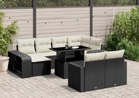 Set canapele de grădină cu perne, 11 piese, negru, poliratan - 1/5