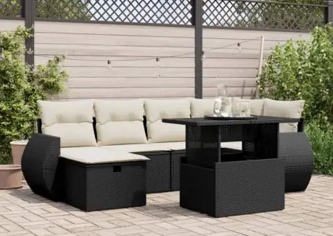 Set canapele de grădină cu perne, 7 piese, negru, poliratan - 1/5