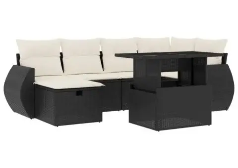 Set canapele de grădină cu perne, 7 piese, negru, poliratan - 2/5