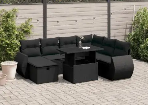 Set mobilier de grădină cu perne, 8 piese, negru, poliratan - 1/5