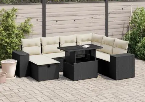Set mobilier de grădină cu perne, 8 piese, negru, poliratan - 1/5