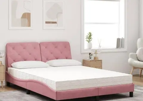 Pat cu saltea, roz, 140x190 cm, catifea - 3/5