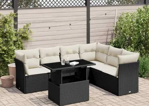 Set canapele de grădină cu perne, 7 piese, negru, poliratan - 1/5