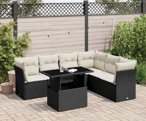 vidaXL Set canapele de grădină cu perne, 7 piese, negru, poliratan