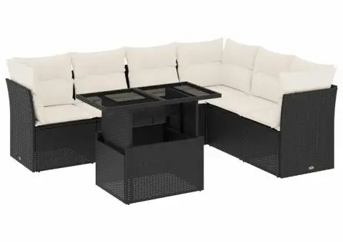 Set canapele de grădină cu perne, 7 piese, negru, poliratan - 2/5