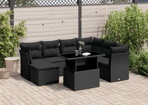 Set mobilier de grădină cu perne, 8 piese, negru, poliratan - 1/5
