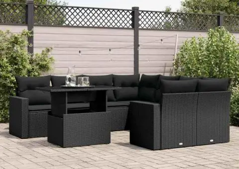 Set mobilier de grădină cu perne, 9 piese, negru, poliratan - 1/5