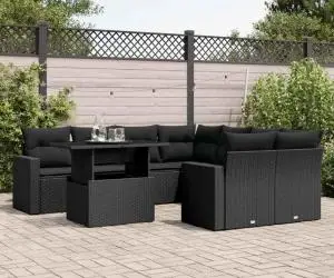 vidaXL Set mobilier de grădină cu perne, 9 piese, negru, poliratan